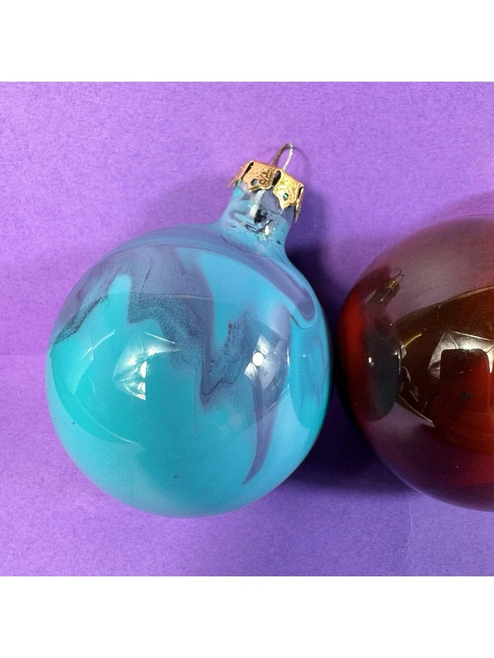 4 Glass Christmas Ornaments Swirl Marbled Red Blue Teal Handpainted 1990s Retro